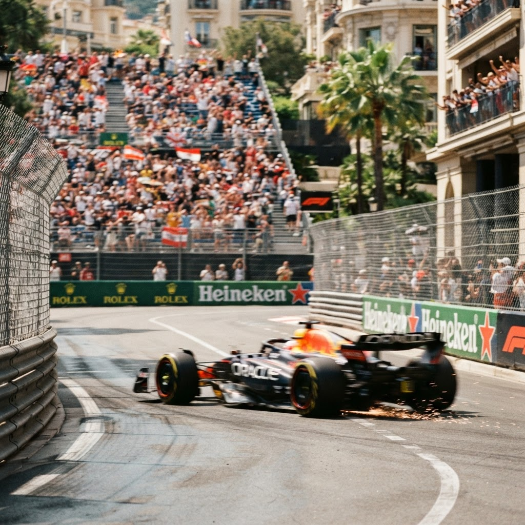 Formula 1 car speeding down a street circuit