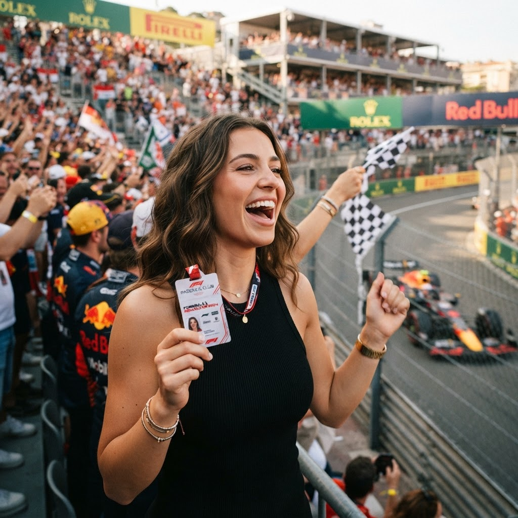 At the Grand Prix grandstand with a paddock pass