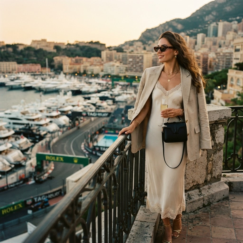 Krista Schor at a sunny Monaco harbor overlooking the Formula 1 street circuit